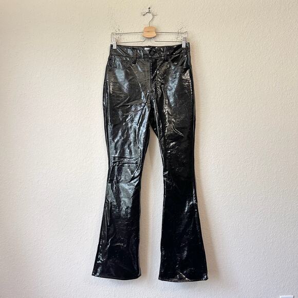 GOOD AMERICAN Faux Leather Pants Black Glossy Crackled HR Flare NWT - Picture 1 of 16